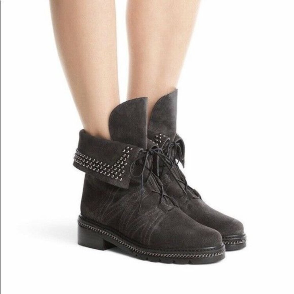 Stuart Weitzman Studded Suede Biker Boots Ankle Combat Size 5 In Gray Nwot